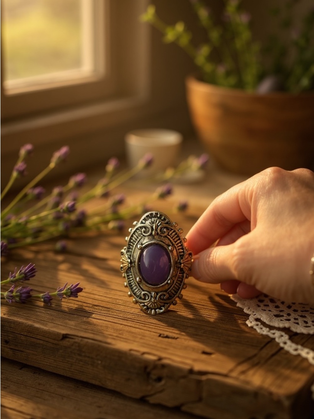 Victorian Style Ring with Purple Cabochon